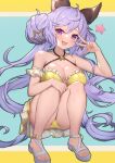  1girl absurdly_long_hair ahoge animal_ears ass bare_shoulders breasts cleavage collarbone double_bun erune granblue_fantasy halterneck highres large_breasts light_purple_hair long_hair looking_at_viewer low_twintails nail_polish open_mouth purple_eyes purple_hair sandals satyr_(granblue_fantasy) smile solo squatting star_(symbol) swimsuit thighs toenail_polish toenails toes twintails uneg very_long_hair w yellow_nails 