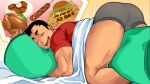  1boy ass bara bed bed_sheet biceps bird black_hair burger chicken closed_eyes dakimakura_(object) dreaming food gyee hou_(gyee) hug huge_ass male_focus male_underwear muscular muscular_male nakata_shunpei official_art open_mouth pancake pillow potato saliva saliva_trail sausage shirt sideburns sleeping smile solo t-shirt thick_arms thick_eyebrows thick_thighs thighs tight underwear 