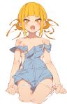  1girl absurdres bangs bare_arms blonde_hair boku_no_hero_academia breasts commentary cowboy_shot double_bun highres looking_at_viewer naked_overalls nipples open_mouth overalls panties panty_pull pulled_by_self rasusurasu simple_background sketch small_breasts solo strap_slip symbol-only_commentary toga_himiko underwear white_background white_panties yellow_eyes 