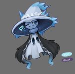  1girl alternate_species cape cloak dress elden_ring extra_faces floating fur_cape fur_cloak gipehtyboo hat hat_ornament highres mismagius pokemon pokemon_(creature) pokemon_(game) ranni_the_witch robe solo witch_hat 