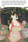  2:3 anthro apron bangs barrista big_breasts blizzard_entertainment bodily_fluids braided_hair breasts brown_body brown_fur brown_hair canid canine canis caption cleavage clothed clothing coffee_cup container cup dark_brown_hair dialogue digital_media_(artwork) english_text female fur green_eyes hair hi_res huge_breasts i_mean_breast_milk lactating long_hair looking_at_viewer mammal meme milk sammy-upvotes side_bangs side_braid solo tan_body tan_fur text thick_thighs video_games warcraft were werecanid wide_hips wolf worgen ylenniara_winterleaf 