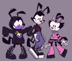  2020 accessory animaniacs anthro artist_name black_and_white_fur black_body black_fur clothed clothing collar dot_warner female fully_clothed fur grey_background group hair_accessory hair_ribbon hi_res inkblot looking_at_viewer male poroshya red_nose ribbons simple_background spiked_collar spikes wakko_warner warner_brothers white_body white_fur yakko_warner young 