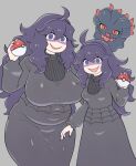 2girls @_@ age_difference ahoge alternate_breast_size black_nails breasts commentary_request dual_persona grey_background hex_maniac_(pokemon) large_breasts long_hair long_skirt medium_breasts messy_hair misdreavus mother_and_daughter multiple_girls nail_polish plump poke_ball pokemon pokemon_(creature) pokemon_(game) pokemon_xy purple_eyes purple_hair shaded_face simple_background skirt smile translation_request turtleneck yoshino_norihito younger 