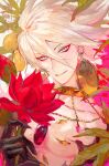  1boy armor bangs bishounen blue_eyes cape chest_jewel commentary_request earrings egawa_akira fate/apocrypha fate/extella fate/extella_link fate/extra fate/extra_ccc fate/extra_ccc_fox_tail fate/grand_order fate_(series) flower fur_collar hair_between_eyes highres holding holding_flower jewelry karna_(fate) light_blush looking_at_viewer male_focus pale_skin red_flower short_hair single_earring smile solo spiked_hair spikes teeth upper_body white_hair 