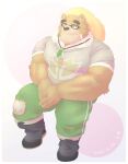  2022 absurd_res anthro biped bottomwear brown_body brown_fur clothing eyewear fur glasses hat headgear headwear hi_res humanoid_hands kemono lifewonders male mammal meimei_kia musclegut pants shirt sitting slightly_chubby solo straw_hat tokyo_afterschool_summoners topwear ursid video_games volos 