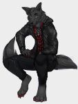  anthro artllysart black_body black_fur black_furs canid canine canis chain clothed clothing colored_nails digital_media_(artwork) flannel flannel_shirt fur head_tuft hi_res jewelry kuro-tomo leather leather_clothing looking_at_viewer male mammal nails neckalce necklace paws red_nails shirt simple_background sitting solo solo_focus topwear tuft wolf yellow_eyes 