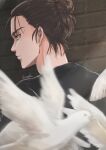  1boy artist_name bird black_hair black_jacket blurry blurry_foreground brick brick_wall brown_hair day depth_of_field dove eren_yeager feathers flying from_behind hair_bun highres jacket kirakuwota light_rays long_eyebrows looking_ahead male_focus medium_hair narrowed_eyes outdoors serious shingeki_no_kyojin signature solo tied_hair upper_body white_bird white_dove 