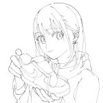  1girl bow bow_earrings closed_mouth earrings eyebrows_visible_through_hair greyscale highres holding holding_shoes jacket jewelry kashiwa_(iersansi) medium_hair monochrome nike original shoes simple_background sketch solo upper_body 