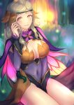  1girl alternate_costume between_legs breasts cleavage_cutout clothing_cutout covered_navel fire_emblem fire_emblem_heroes grey_eyes groin hand_between_legs highres jtaka large_breasts long_hair looking_at_viewer navel nipples ophelia_(fire_emblem) silver_hair skin_tight smile solo thighs 