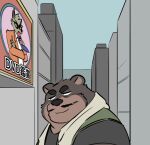 00murice 2022 anthro biped black_nose canid canine canis city clothing detailed_background facial_hair kemono male mammal mature_male mustache necktie outside overweight overweight_male poster shirt topwear towel towel_around_neck ursid wolf 