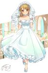  1girl alternate_costume blonde_hair blush bridal_veil bride choker collarbone dress full_body gloves highres idolmaster idolmaster_cinderella_girls lace-trimmed_dress lace_trim looking_at_viewer mmmakaron888 morikubo_nono solo veil white_choker white_dress white_footwear white_gloves 