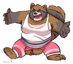  2022 anthro balls belly big_balls big_belly black_nose bottomwear canid canine clothing eyes_closed genitals hi_res humanoid_hands komodororny male mammal overweight overweight_male pants raccoon_dog shirt solo tanuki topwear 