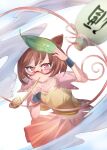  1girl animal_ears bangs bottle brown_eyes brown_hair brown_shirt brown_skirt futatsuiwa_mamizou glasses highres holding holding_pipe kiseru leaf leaf_on_head pipe raccoon_ears raccoon_girl shirt short_hair skirt smoke smoking solo tail touhou ttrta0201 wine_bottle 