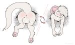  albino anthro anus balls big_balls blush butt claws domestic_ferret exposed feet fur fuzzikayu geary genitals hair hair_over_eye hi_res hindpaw horn long_hair male mammal mustela mustelid musteline one_eye_obstructed pawpads paws pink_nose pink_pawpads raised_tail red_eyes short_stack simple_background solo through_wall true_musteline wall_(structure) white_body white_fur 