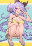  1girl absurdly_long_hair ahoge animal_ears ass bare_shoulders breasts cleavage collarbone commentary_request double_bun erune granblue_fantasy halterneck highres large_breasts light_purple_hair long_hair looking_at_viewer low_twintails nail_polish open_mouth purple_eyes purple_hair revision sandals satyr_(granblue_fantasy) smile solo squatting star_(symbol) swimsuit thighs toenail_polish toenails toes twintails uneg very_long_hair w yellow_nails 