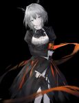  0_(znanimo) 1girl arknights armband ascot black_ascot black_background black_dress breasts dragon_horns dress feet_out_of_frame grey_eyes grey_hair hair_between_eyes hair_intakes highres horns looking_at_viewer orange_ribbon reunion_logo_(arknights) ribbon short_hair simple_background small_breasts solo talulah_(arknights) 