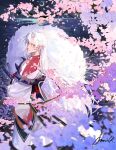  1boy branch cherry_blossoms closed_mouth commentary facial_mark highres horizon inuyasha japanese_clothes katana kimono long_hair looking_at_viewer male_focus mmmilk moon night outdoors pointy_ears sesshoumaru solo standing sword water weapon whisker_markings white_hair white_kimono 