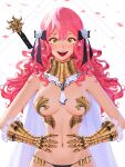  1girl :d absurdres black_panties breasts english_commentary flat_chest freckles gauntlets hair_ornament hands_on_hips highres long_hair looking_at_viewer navel original panties pink_hair revealing_clothes smile solo symbol-shaped_pupils teeth underwear wonbin_lee yellow_eyes 