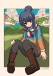  1girl bangs black_legwear blue_hair blue_sky blue_sweater blush boots brown_footwear closed_mouth cloud cloudy_sky commentary dated day fringe_trim frown hair_bun hand_on_own_knee highres leggings leoponchiaki looking_at_viewer mountainous_horizon multicolored_clothes multicolored_scarf orange_sweater outdoors outside_border purple_eyes scarf shima_rin short_hair sidelocks sitting sky solo string_of_flags sweater twitter_username yurucamp 