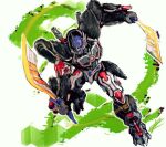  1boy beast_wars beast_wars:_transformers dual_wielding holding holding_sword holding_weapon looking_down maximal mecha no_humans optimus_primal rae_ariadne red_eyes slashing solo sword transformers weapon white_background 