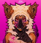  anthro blush english_text finger_to_mouth hi_res hyaenid male mammal paint simple_background solo stickers text tongue tongue_out unknown_artist 