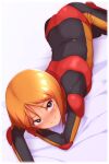  1girl absurdres black_bodysuit blush bodysuit from_above gloves gundam gundam_zz highres looking_at_viewer naughty_face onimaru_(onimal7802) orange_hair pilot_suit purple_eyes puru_two short_hair skin_tight smile solo 