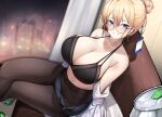  1girl bare_shoulders black-framed_eyewear black_bra black_skirt blonde_hair blue_eyes bra breasts brown_legwear cleavage collarbone covered_navel crossed_legs ddangbi glasses grin hair_bun highres id_card indoors large_breasts long_hair looking_at_viewer miniskirt multi-strapped_bra night off_shoulder office_lady open_clothes open_skirt original pantyhose pencil_skirt shirt sitting skirt smile solo spaghetti_strap sweat underwear white_shirt 