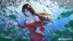  bare_shoulders black_hair branch chi_lian_(qin_shi_ming_yue) chi_lian_qiju_zhu dress highres in_water long_hair mature_female petals petals_on_liquid qin_shi_ming_yue red_dress water weibo_id weibo_logo 