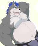  2022 anthro belly big_belly black_nose blue_hair canid canine canis clothing cute_fangs grey_body hair hi_res kemono male mammal moobs overweight overweight_male simple_background solo tora_oekaki underwear white_background wolf 