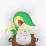  1:1 2022 :&lt; ambiguous_gender biped blush cake dessert english_text feral food hi_res holding_object looking_away nintendo nude pok&eacute;mon pok&eacute;mon_(species) red_eyes simple_background snivy solo text unknown_artist video_games white_background 