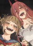  2girls :d artist_name blonde_hair blood blood_on_clothes blood_on_face blush boku_no_hero_academia breasts chainsaw_man crossover fangs hair_between_eyes horns kadeart long_hair looking_at_viewer messy_hair multiple_girls power_(chainsaw_man) red_eyes red_hair sailor_collar sharp_teeth smile teeth toga_himiko trait_connection yellow_eyes 