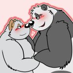  2022 anthro belly big_belly black_body black_nose blush bod canid canine duo facial_piercing giant_panda grey_body hi_res jakegr kanon male mammal nose_piercing nose_ring overweight overweight_male piercing simple_background ursid 