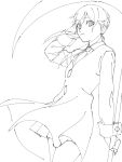  closed_mouth eyebrows_visible_through_hair grey_background greyscale hair_between_eyes highres holding holding_scythe holding_weapon kashiwa_(iersansi) long_hair maka_albarn monochrome necktie reverse_grip scythe simple_background sketch skirt soul_eater twintails weapon 
