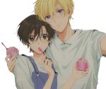  1boy 1girl baskin-robbins blonde_hair brown_eyes eating food fujioka_haruhi highres holding holding_food holding_spoon ice_cream ouran_high_school_host_club overalls purple_eyes short_hair simple_background smile sophie_(693432) spoon suou_tamaki utensil_in_mouth white_background 