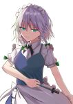  1girl apron black_ribbon blue_dress blue_eyes breasts closed_mouth collared_shirt commentary_request dress grey_hair izayoi_sakuya knife maid maid_apron medium_breasts puffy_short_sleeves puffy_sleeves ribbon shirt short_sleeves touhou upper_body vankin white_shirt 