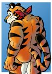  2021 anthro bandanna bandanna_on_neck bandanna_only biped black_stripes blue_background blue_nose butt felid frosted_flakes fur hi_res kellogg&#039;s kerchief kerchief_only looking_back lowemond male mammal markings mascot mostly_nude mostly_nude_anthro mostly_nude_male multicolored_body multicolored_fur muscular muscular_anthro muscular_male orange_body orange_fur pantherine portrait rear_view red_bandanna red_kerchief simple_background solo standing striped_markings striped_tail stripes surprised_expression tail_markings three-quarter_portrait tiger tony_the_tiger whiskers white_body white_fur yellow_sclera 