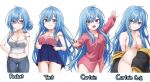  1girl :d absurdres ahoge bangs blue_eyes blue_hair blue_skirt breasts covered_nipples curtain_call_challenge denim elie_wayne food food_print fruit glasses hair_between_eyes hair_over_breasts hair_up highres jacket jacket_removed jan_azure jeans large_breasts long_hair meme messy_hair multiple_views navel no_pants off_shoulder open_mouth original outstretched_arms oversized_clothes oversized_shirt panties pants pink_tank_top shirt skirt smile spread_arms strawberry strawberry_print tank_top thighs underwear white_shirt white_tank_top 