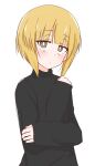  1girl ame_(amechan17391739) bad_id bad_twitter_id bangs black_shirt blonde_hair blunt_bangs blush bob_cut bright_pupils casual closed_mouth commentary cutlass_(girls_und_panzer) eyebrows_visible_through_hair girls_und_panzer highres inactive_account light_frown long_sleeves looking_at_viewer shirt short_hair simple_background solo turtleneck upper_body white_background white_pupils yellow_eyes 