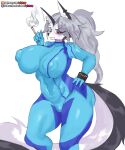  2022 anthro big_breasts breasts canid canid_demon clothed clothing cosplay crossover crossover_cosplay demon female girlsay hellhound helluva_boss hi_res huge_breasts looking_at_viewer loona_(helluva_boss) mammal metroid nintendo nipple_outline solo text url video_games zero_suit 