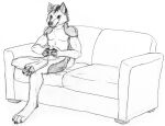  4_toes anthro arm_tuft athletic athletic_anthro athletic_male biped black_and_white cheek_tuft claws controller digitigrade facial_tuft feet furniture gaming hair holding_controller holding_object inner_ear_fluff leg_tuft male monochrome nude on_sofa pawpads playing_videogame shoulder_tuft sitting skyelegs smile sofa solo toes traditional_media_(artwork) tuft 