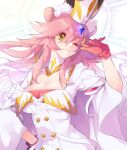  1girl akibotann animal_ear_fluff animal_ears bangs blush breasts buttons cleavage coat detached_collar double-breasted double_bun dress fate/grand_order fate_(series) gloves hair_between_eyes halo hat highres koyanskaya_(fate) large_breasts long_hair long_sleeves looking_at_viewer one_eye_closed open_clothes open_coat pink_gloves pink_hair rabbit_ears short_dress sidelocks smile solo tamamo_(fate) very_long_hair white_coat white_dress white_headwear wide_sleeves yellow_eyes 