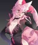  1girl akibotann animal_ear_fluff animal_ears bangs black_bodysuit blush bodysuit bow breasts center_opening choker cleavage fate/grand_order fate_(series) fox_ears fox_girl fox_tail glasses hair_between_eyes hair_bow highres hip_vent koyanskaya_(fate) large_breasts long_hair looking_at_viewer open_mouth pink_bow pink_hair ponytail sidelocks smile solo tail tamamo_(fate) yellow_eyes 