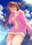  1girl bangs blue_sky blush breasts brown_eyes brown_hair cloud commentary_request cowboy_shot day drawstring hair_between_eyes hand_to_own_mouth highres hood hoodie idolmaster idolmaster_cinderella_girls kazuma_(kazumav) large_breasts lens_flare long_hair long_sleeves looking_at_viewer naked_hoodie navel off_shoulder open_clothes outdoors pink_hoodie rock shimamura_uzuki sky smile solo sweat thighs 