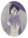  1girl bangs black_hair border braid braided_bun brown_eyes floral_print flower highres holding holding_umbrella japanese_clothes kimono long_bangs long_sleeves looking_at_viewer looking_to_the_side obi obijime oil-paper_umbrella original oval oval_background parted_lips print_kimono purple_flower purple_sash purple_umbrella round_image sash seal_impression short_hair solo standing swept_bangs umbrella upper_body ushiyama_ame white_border white_kimono wide_sleeves wisteria 
