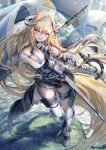  1girl :d absurdly_long_hair arknights arm_strap bangs bare_shoulders black_skirt blonde_hair blue_eyes blue_hairband boots breasts commentary_request elbow_gloves flag gloves hair_between_eyes hairband highres holding holding_sword holding_weapon horns large_breasts long_hair looking_at_viewer partial_commentary pointy_ears pouch saileach_(arknights) scabbard sheath shirt skirt smile solo sword tarutaru_yamaoka thighhighs twisted_torso very_long_hair weapon white_legwear white_shirt zettai_ryouiki 