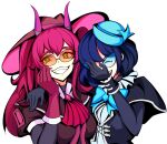  2girls arm_around_shoulder bangs blue_bow blue_hair bow bowtie breasts closed_eyes duel_monster english_commentary evil_twin_ki-sikil evil_twin_lil-la gloves green_eyes grin hair_between_eyes hand_on_own_face hat highres ki-sikil_(yu-gi-oh!) large_breasts laughing lil-la_(yu-gi-oh!) long_hair multiple_girls pink_hair puffy_short_sleeves puffy_sleeves rsutibu short_hair short_sleeves smile sunglasses tinted_eyewear transparent_background yu-gi-oh! 