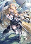  1girl :d absurdly_long_hair arknights arm_strap bangs bare_shoulders black_skirt blonde_hair blue_eyes blue_hairband boots breasts commentary elbow_gloves flag gloves hair_between_eyes hairband highres holding holding_sword holding_weapon horns large_breasts long_hair looking_at_viewer pointy_ears pouch saileach_(arknights) scabbard sheath shirt skirt smile solo sword tarutaru_yamaoka thighhighs twisted_torso very_long_hair weapon white_legwear white_shirt zettai_ryouiki 