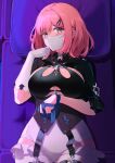 1girl absurdres bangs black_leotard blush bob_cut breasts couch from_above gloves grey_eyes highres honkai_(series) honkai_impact_3rd large_breasts leotard looking_at_viewer lying mask mouth_mask nonbire on_back pillow pink_hair short_sleeves single_glove solo timido_cute white_gloves white_legwear 