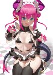  1girl bangs bikini black_bikini black_legwear black_skirt blue_eyes blush breasts checkered_floor collarbone curled_horns detached_sleeves double_bun dragon_girl dragon_horns dragon_tail elizabeth_bathory_(fate) fate/extra fate_(series) frills garter_belt hair_ribbon high_heels highres horns layered_skirt long_hair looking_at_viewer low_twintails maid_bikini maid_headdress miniskirt open_mouth pink_hair pointy_ears puffy_short_sleeves puffy_sleeves ribbon seiza short_sleeves shrug_(clothing) sitting skirt small_breasts smile solo swimsuit tail thighhighs thighs twintails uo_denim white_skirt zipper zipper_pull_tab 