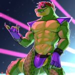  1:1 5_fingers abs alligator alligatorid anthro balls bracelet bulge claws clothing crocodilian eyewear fingerless_gloves fingers five_nights_at_freddy&#039;s five_nights_at_freddy&#039;s:_security_breach genitals gloves green_body green_scales hair handwear hi_res jewelry male montgomery_gator_(fnaf) muscular muscular_male navel red_hair reptile scales scalie scottgames seibrxan sharp_teeth signature smile solo sunglasses teeth video_games 